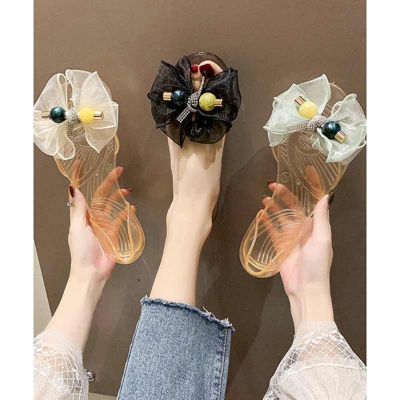 Fashion Tulle Bow Transparent Crystal Walking Sandals