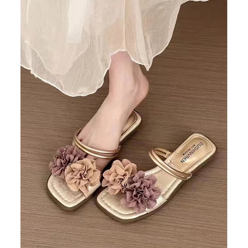 French Gold Flower Comfortable Slide Sandals Summer 2024