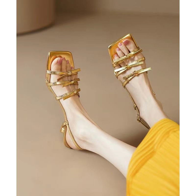 French Gold Square Bow Dew Toe High Heeled Sandals