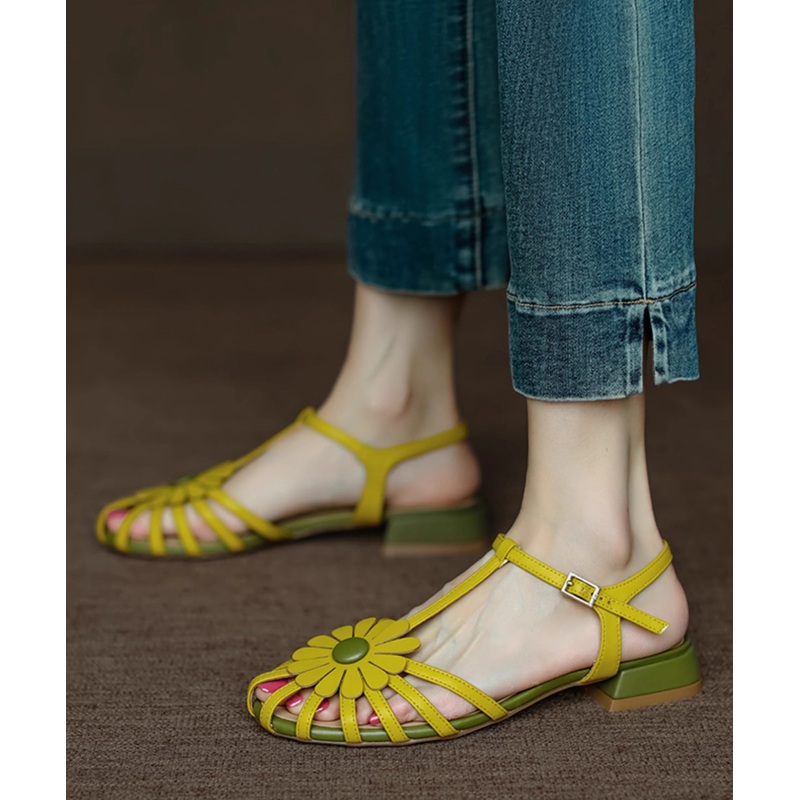 French Yellow Hollow Out Sandals Splicing Floral Chunky