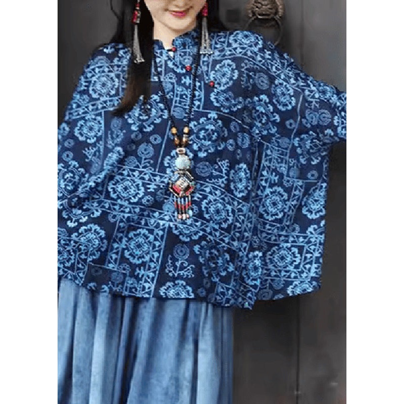 Original Design Blue Stand Collar Print Button Top Fall