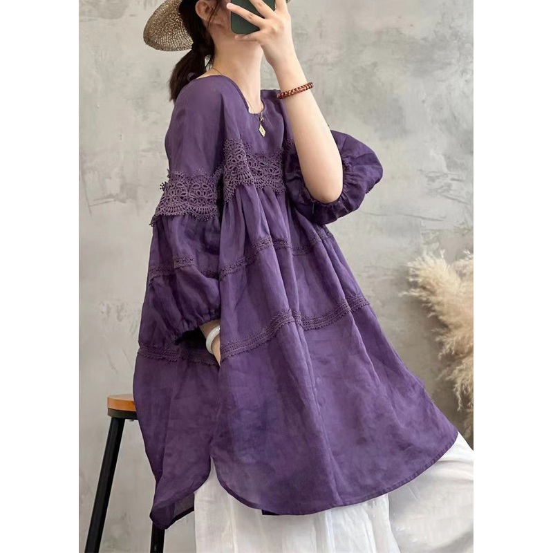 Purple O Neck Lace Patchwork Cotton T Shirt Spring
