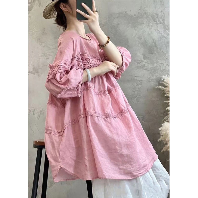 Simple Pink Solid Lace Up Cotton T Shirt Long Sleeve