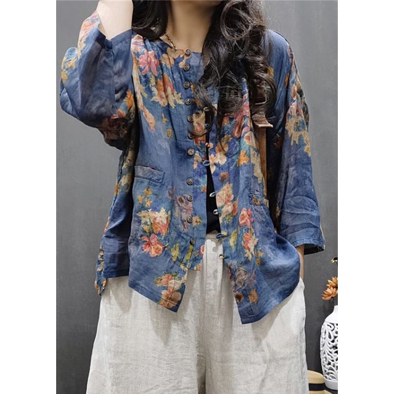Vintage Blue Print Button Linen Top Long Sleeve