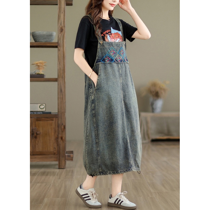Vintage Grey Pockets Patchwork Drawstring Denim Maxi Dresses Summer