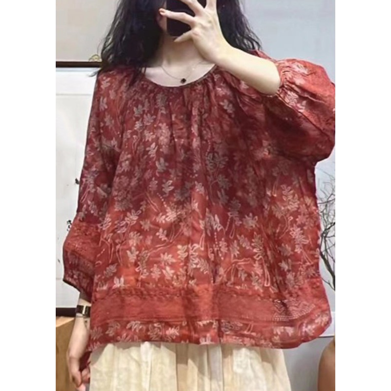 Vintage Red O-Neck Print Hollow Out Patchwork Tops Lantern Sleeve