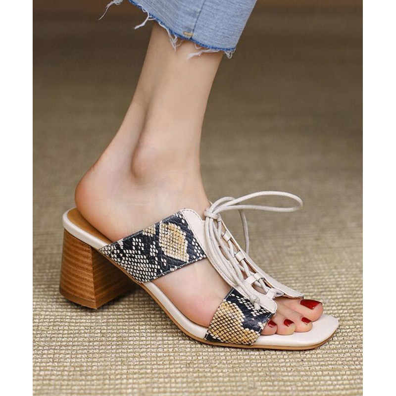 White Chunky Cowhide Leather Stylish Splicing Lace Up Slide Sandals