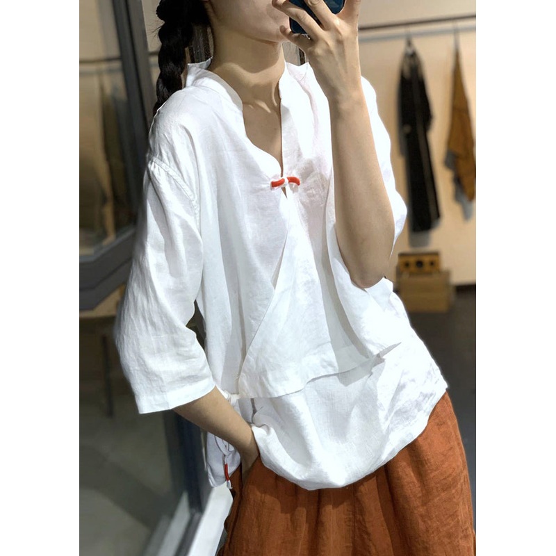 White Patchwork Cotton Blouses Chinese Button Spring