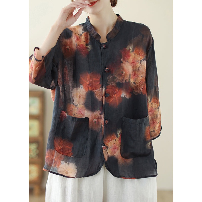 Women Black Stand Collar Print Top Bracelet Sleeve