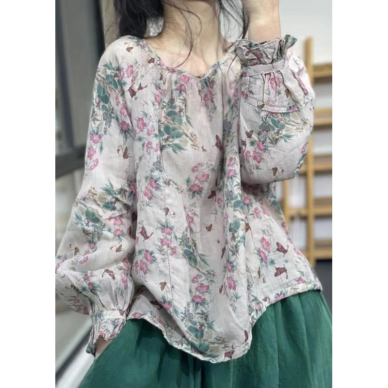 Women O-Neck Print Linen Top Long Sleeve