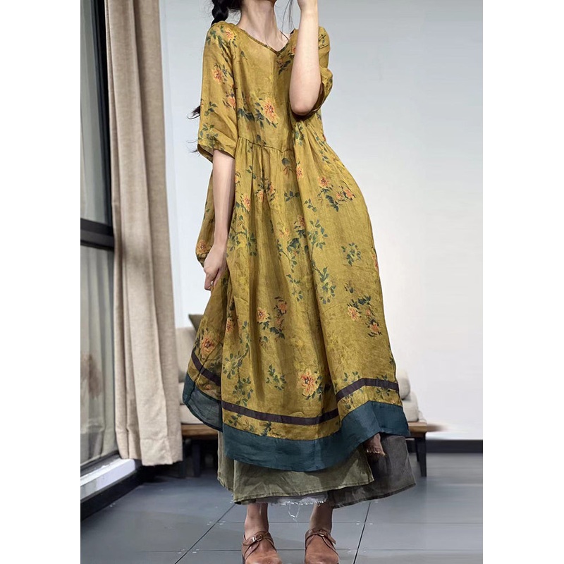 Yellow Print Linen Robe Dresses Exra Large Hem Summer