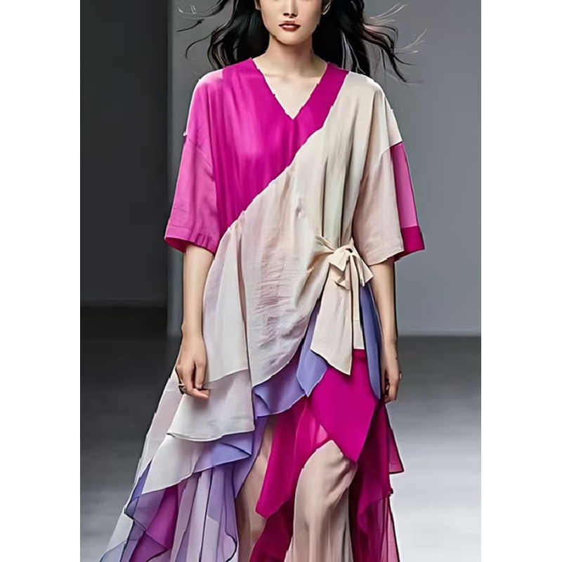 Art Colorblock Asymmetrical Patchwork Cotton Robe Dresses Summer