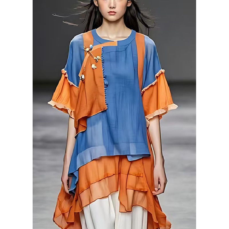Art Colorblock Asymmetrical Patchwork Cotton Shirts Summer