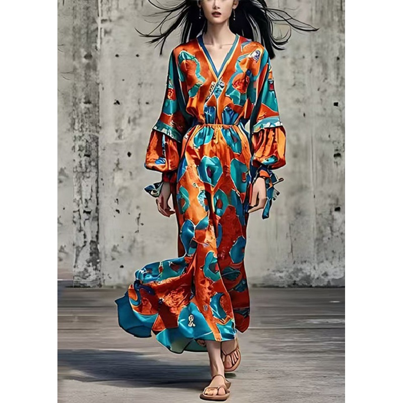 Beautiful Caramel V Neck Print Silk Holiday Dresses Spring