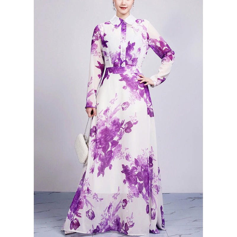 Beautiful Purple Peter Pan Collar Print Chiffon Maxi Dresses Long Sleeve
