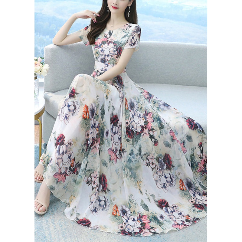 Beautiful White Print Exra Large Hem Chiffon Vacation Dresses Summer