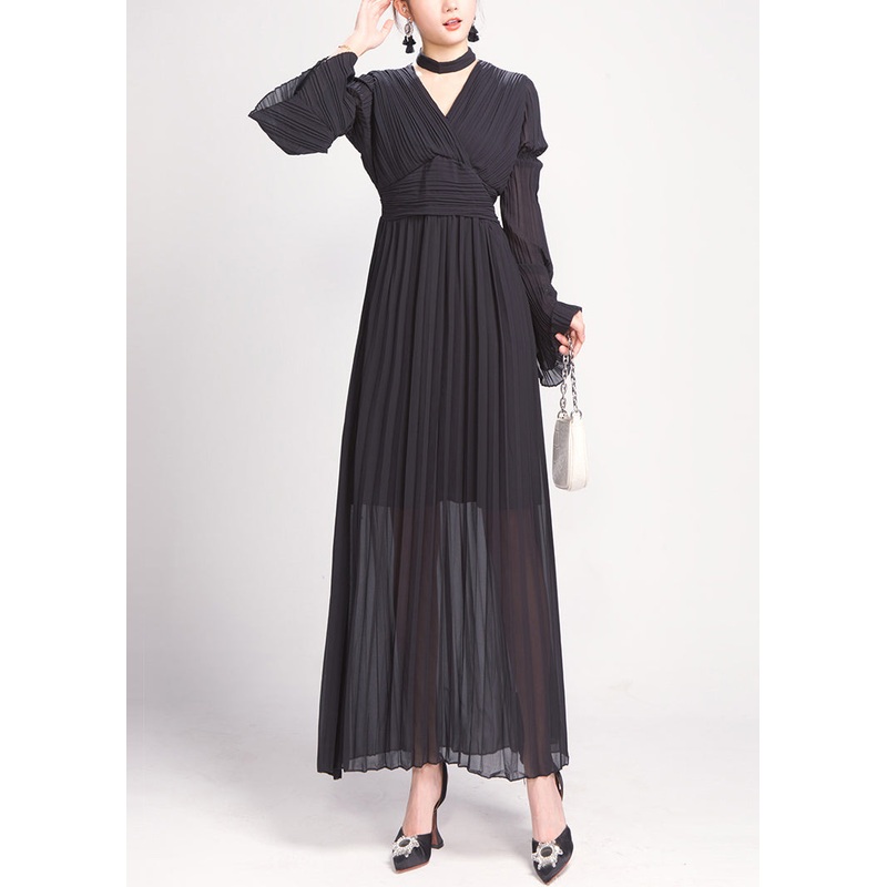 Black Wrinkled Chiffon Holiday Dress V Neck Flare Sleeve