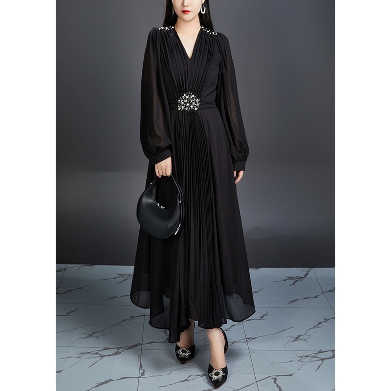 Black Zircon Chiffon Long Dresses V Neck Long Sleeve