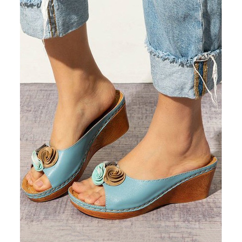 Blue Plus Size Floral Splicing Wedge Slide Sandals