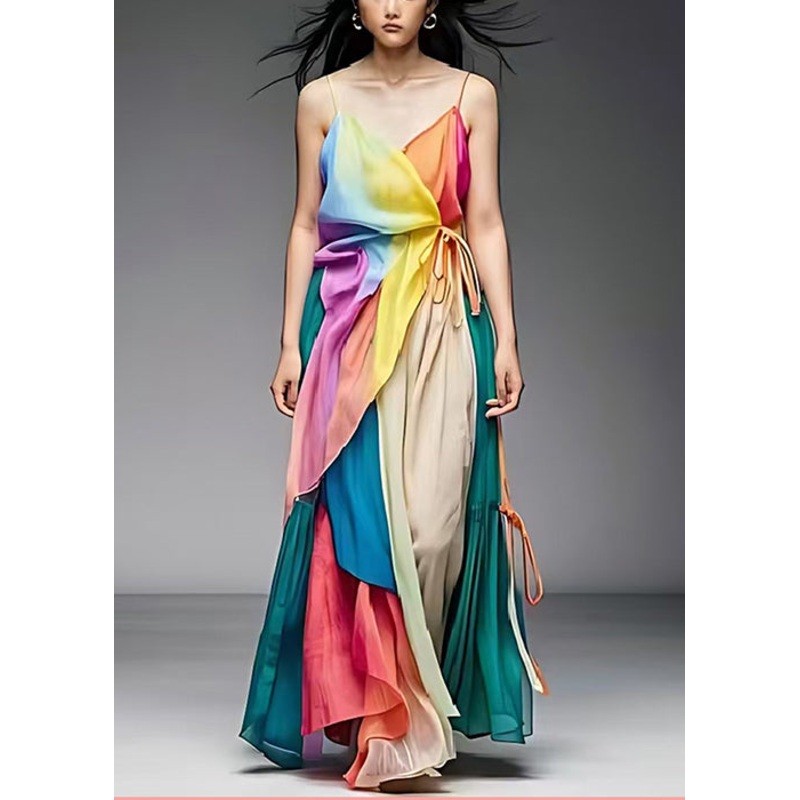 Bohemian Rainbow Tie Waist Patchwork Cotton Spaghetti Strap Dresses Summer