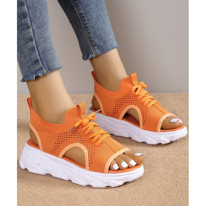 Breathable Mesh Orange Lace Up Splicing Sandals Peep Toe