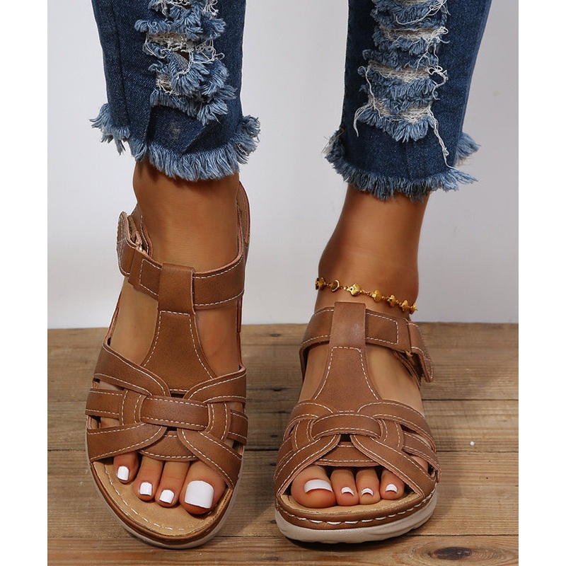 Brown Wedge Faux Leather Boho Splicing Sandals Peep Toe