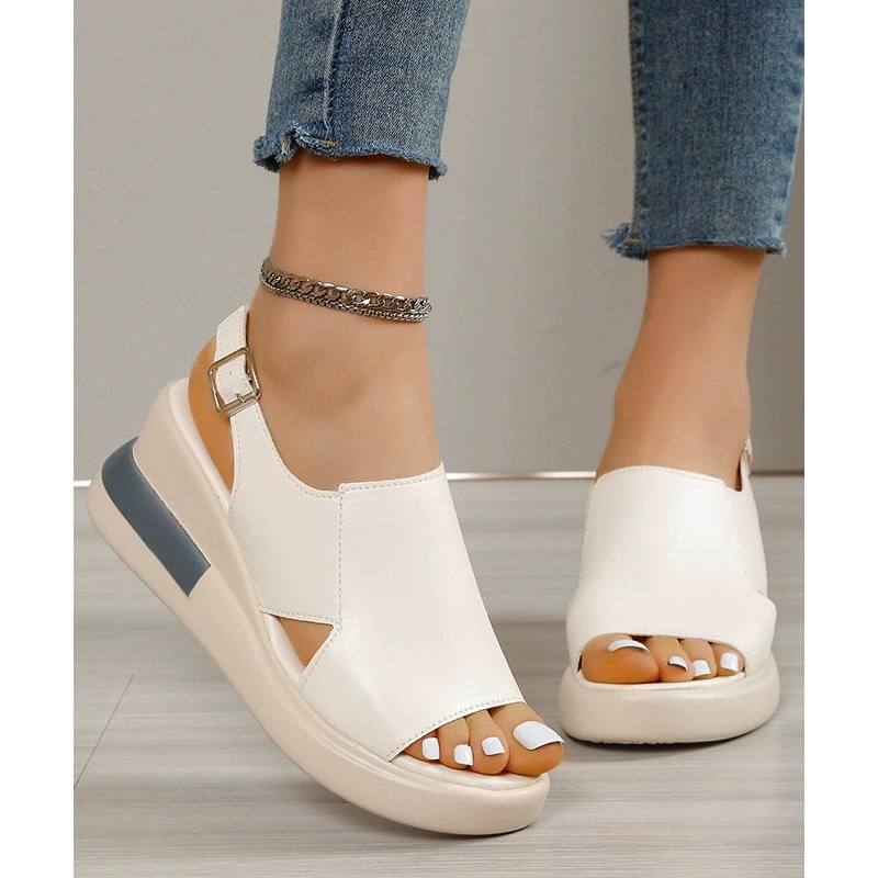 Comfy Splicing Wedge Sandals Beige Faux Leather Peep Toe
