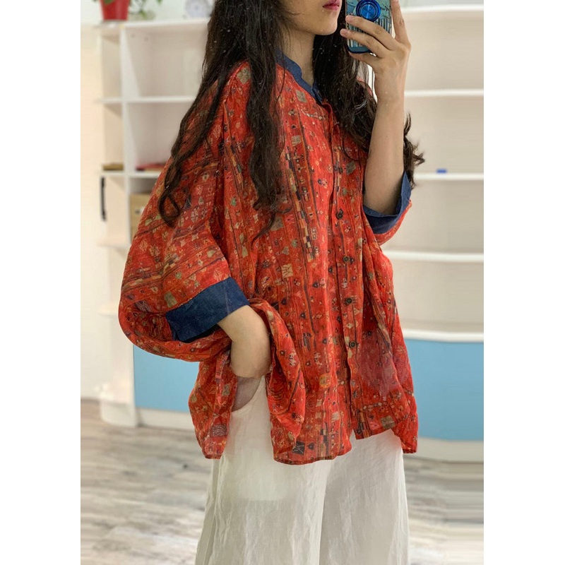 Fine Brick Red Oversized Print Linen Shirt Spring