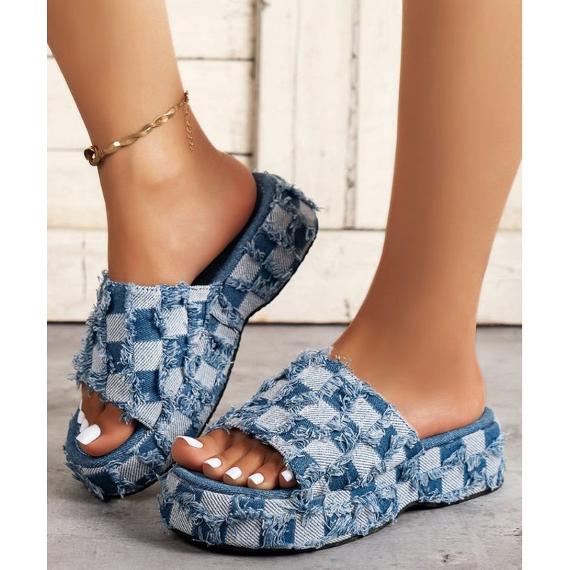 New Blue Platform Bottom Denim Tassel Checkered Slide Sandals