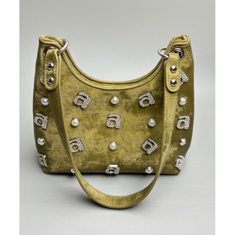 New Chinese Style Green Silk Rhinestone Letter Shoulder Bag