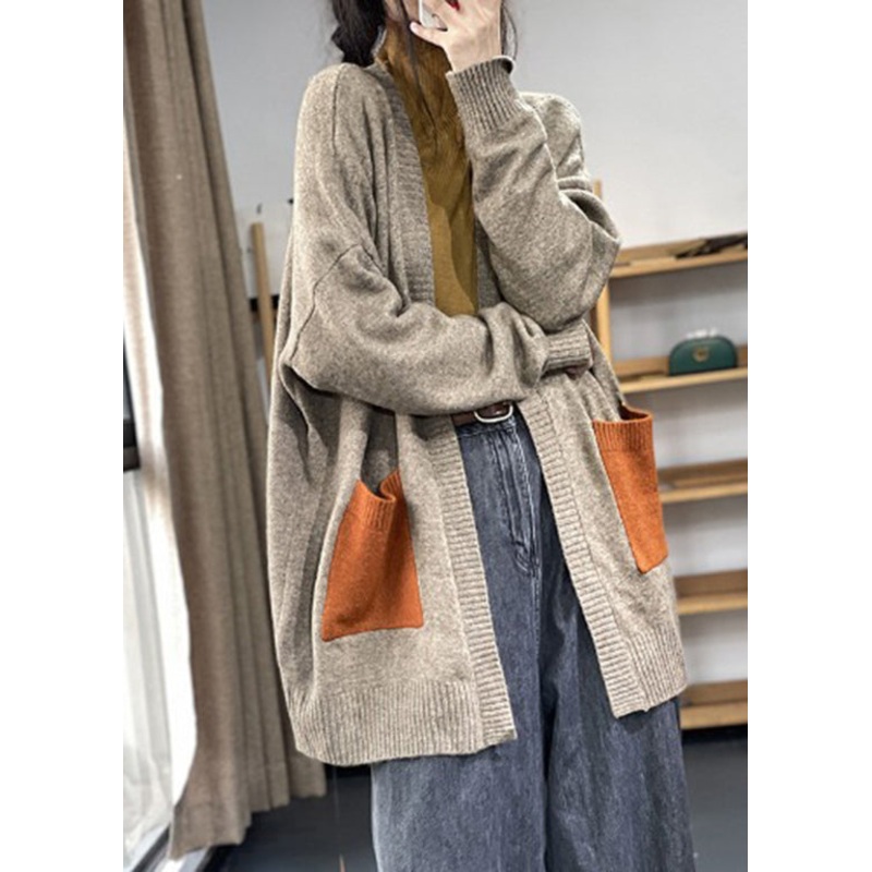 Plus Size Khaki Pockets Patchwork Knit Cardigan Fall