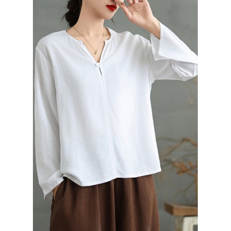 Simple White V Neck Loose Cotton T Shirts Top Fall