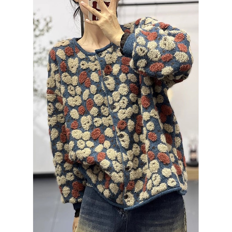 Stylish Blue O Neck Jacquard Plus Size Knit Sweaters Coats Fall