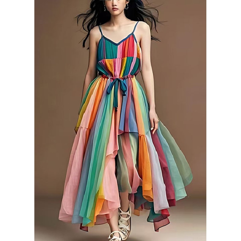 Stylish Rainbow Cinched Patchwork Tulle Spaghetti Strap Dress Summer
