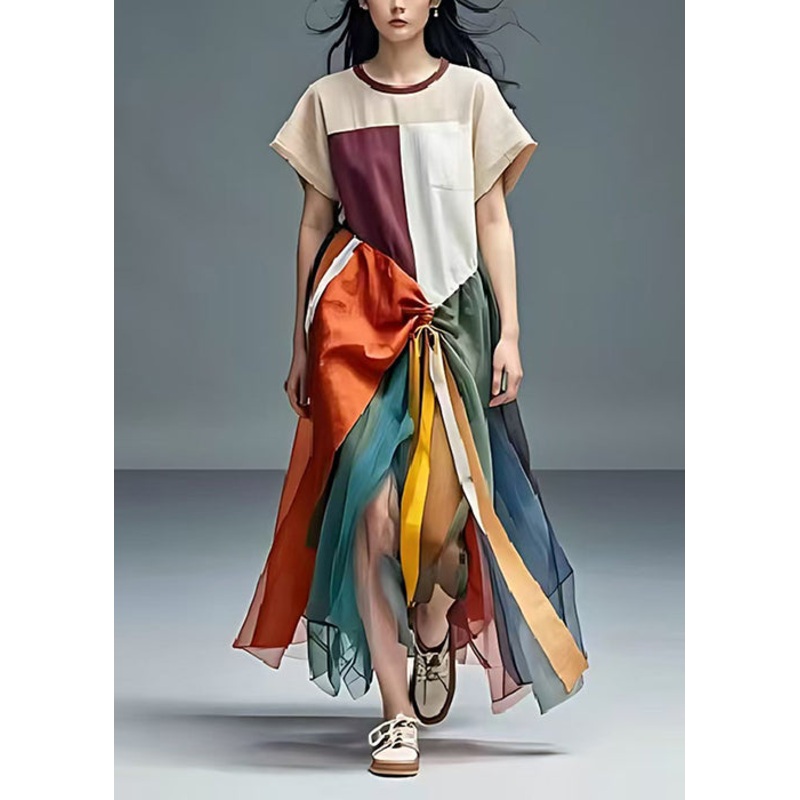 Unique Colorblock Asymmetrical Patchwork Tulle Cotton Dresses Summer