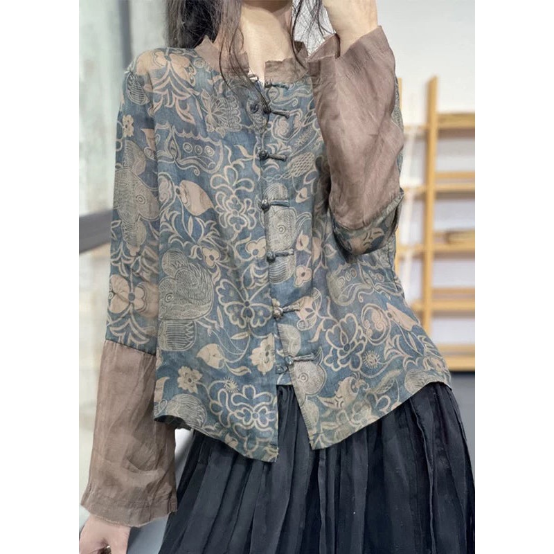 Vintage Blue Stand Collar Print Chinese Button Ramie Linen Top Long Sleeve