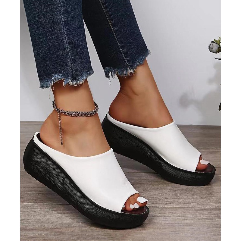 White Simple Style Wedge Slide Sandals Peep Toe