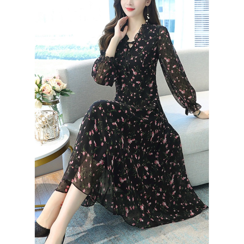 Women Black Ruffled Print Chiffon Long Dress Spring