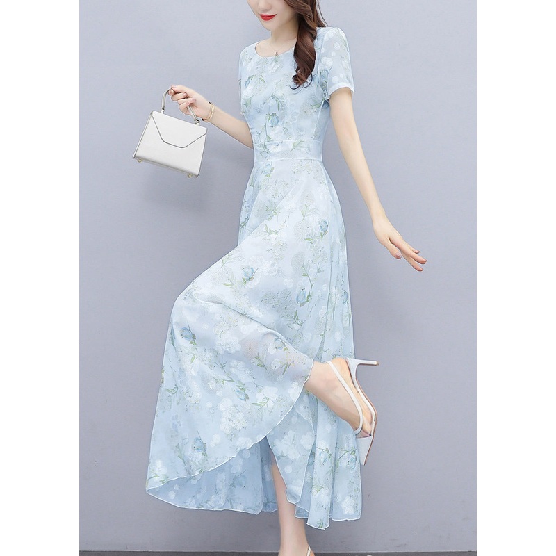 Women Light Blue Print Silm Fit Chiffon Long Dresses Summer