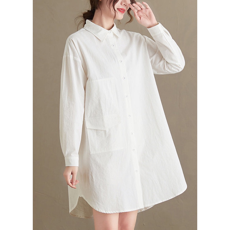 Women White Peter Pan Collar Pockets Cotton Shirt Top Fall