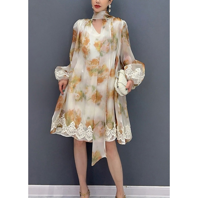 2024 New Stylish Printed Lace Up Mid Dress Long Sleeve