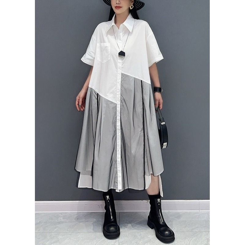 2024 Summer Peter Pan Collar Wrinkled Patchwork Shirts Dress