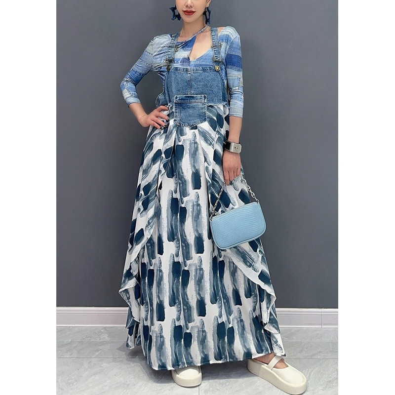 Art Blue Print Pockets Patchwork Long Dress Sleeveless