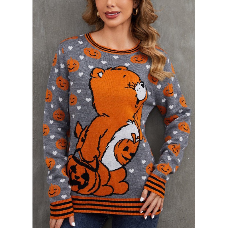Art Grey O Neck Animal Cozy Knit Sweater Fall