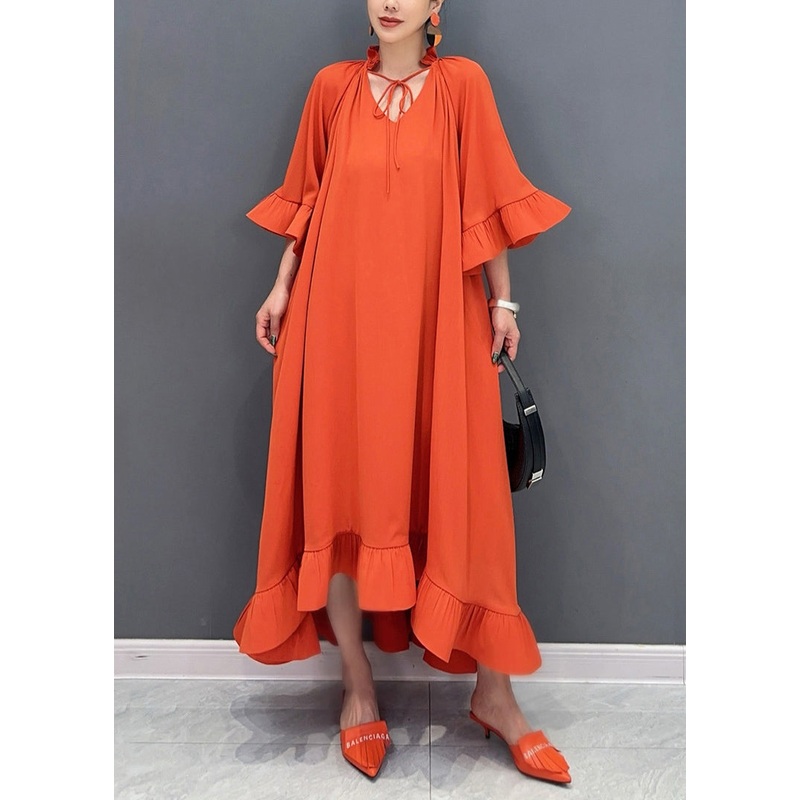 Art Orange V Neck Vacation Long Dresses Flare Sleeve