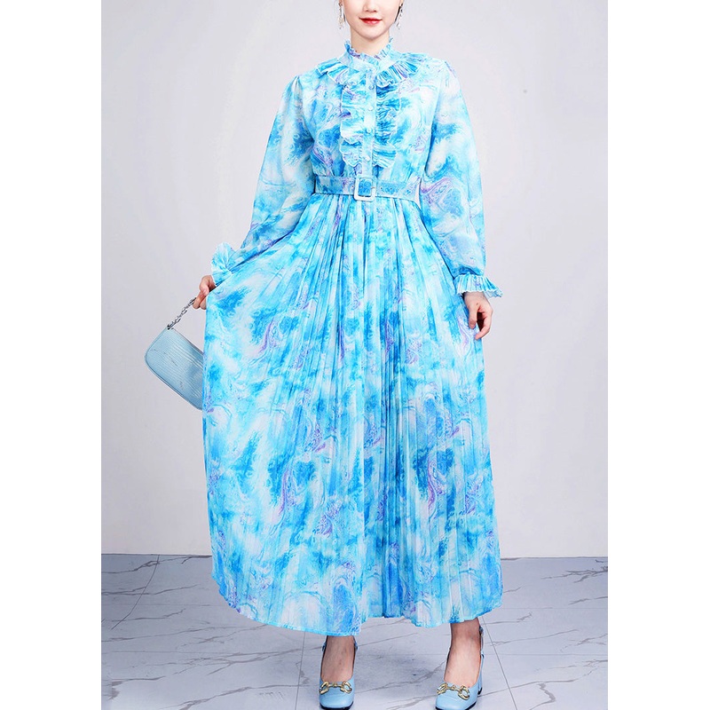 Baby Blue Ruffled Patchwork Chiffon Maxi Dresses Fall