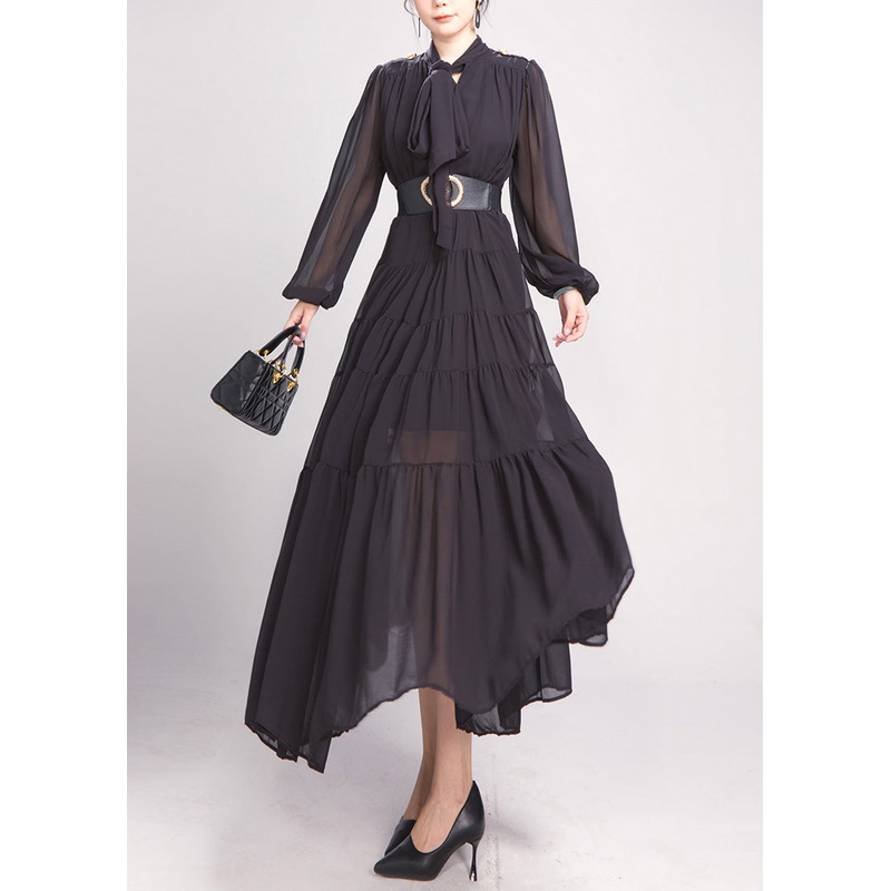 Black Bow Wrinkled Chiffon Maxi Dress Long Sleeve