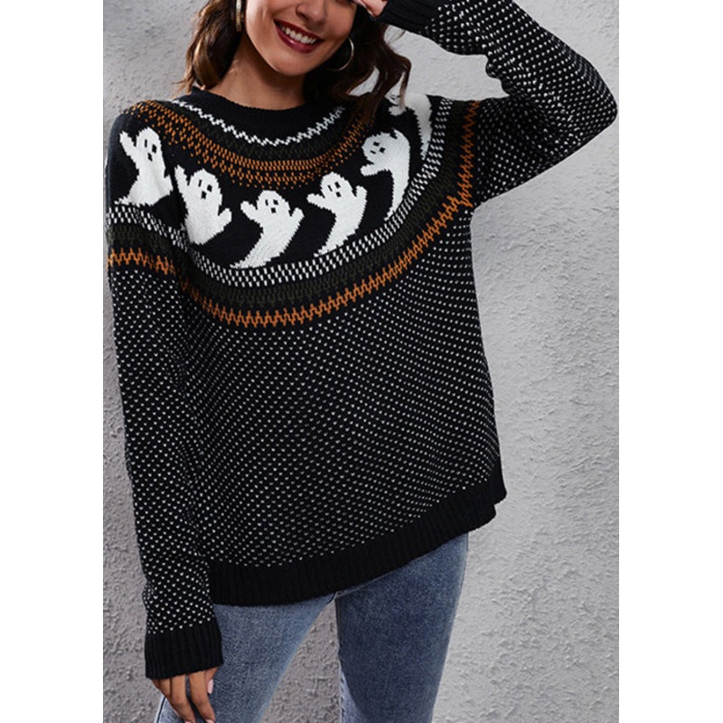 Black Ghost Cozy Patchwork Knit Sweaters O Neck Fall