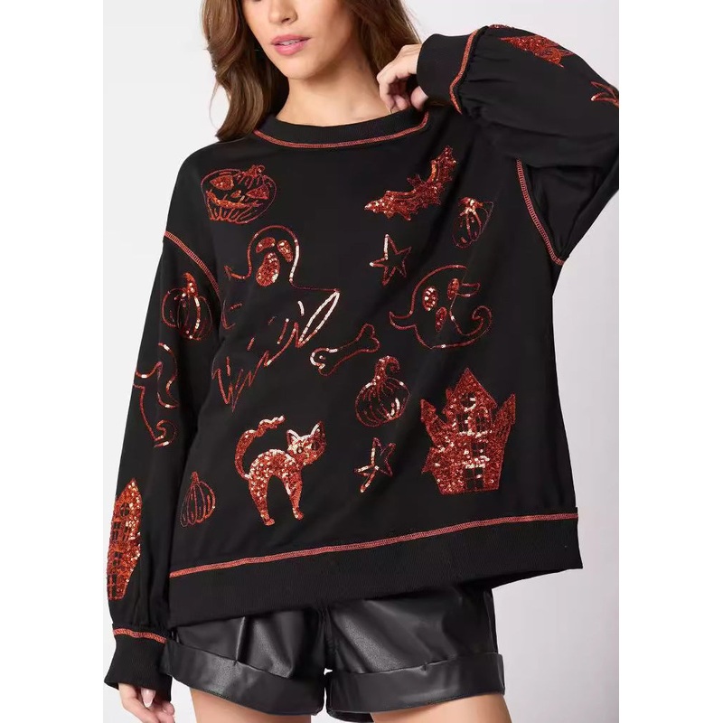 Black Sequins Cotton Sweatshirt O Neck Long Sleeve