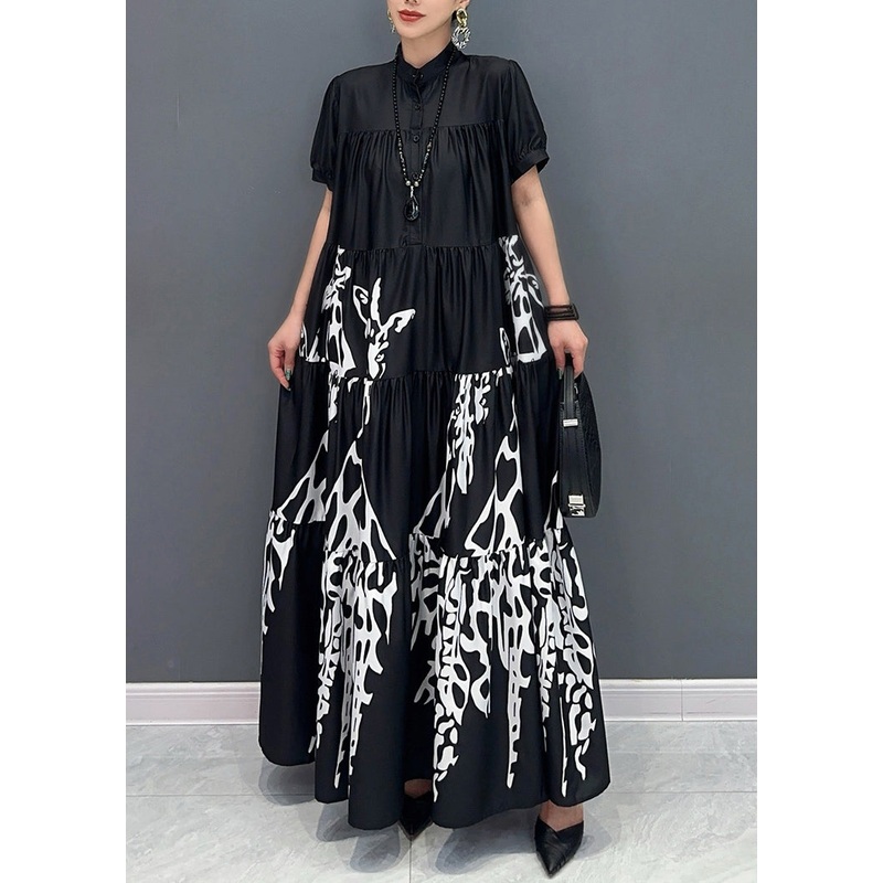 Black Stand Collar Button Maxi Dress Short Sleeve